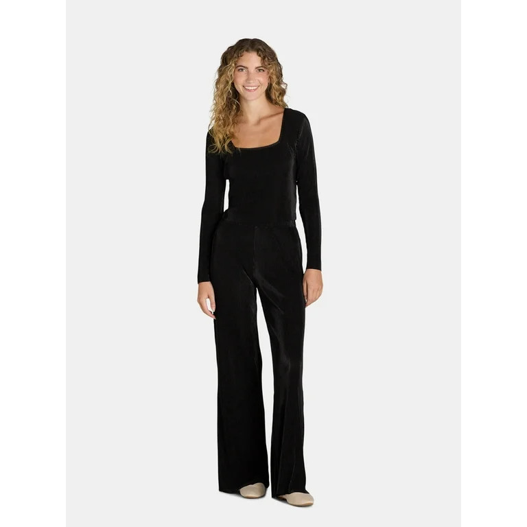 No Boundaries Pleated Square Neck Top and Pants Set, 2 Piece, Women's and Women's Plus - Walmart.... | Walmart (US)
