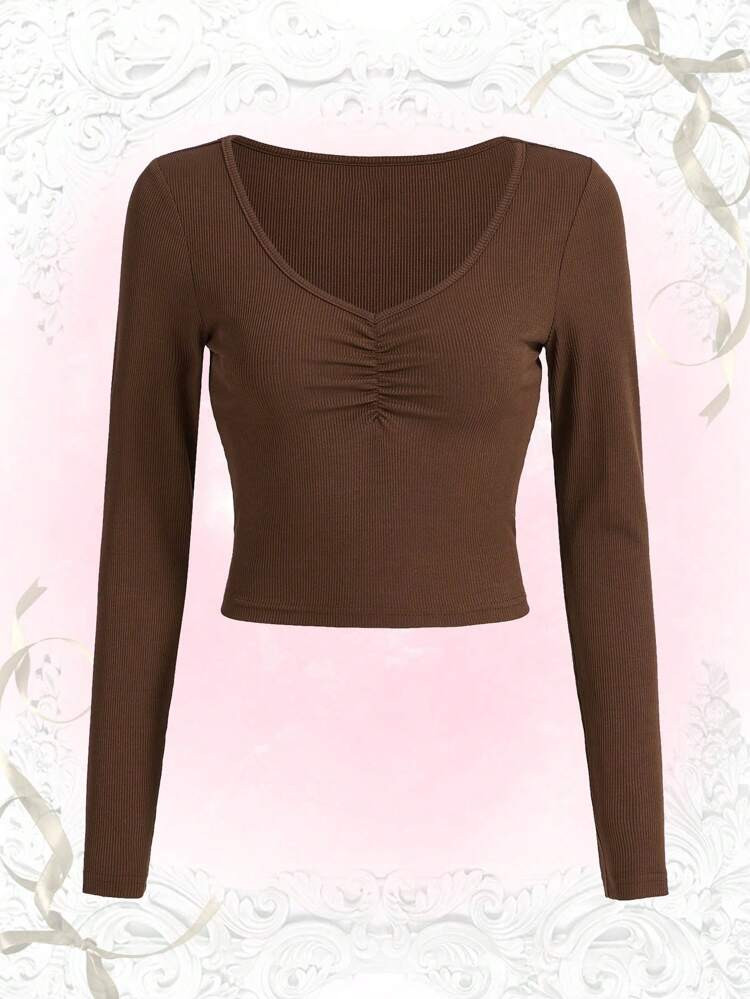Sweetness Solid Ruched Ribbed Tee | SHEIN