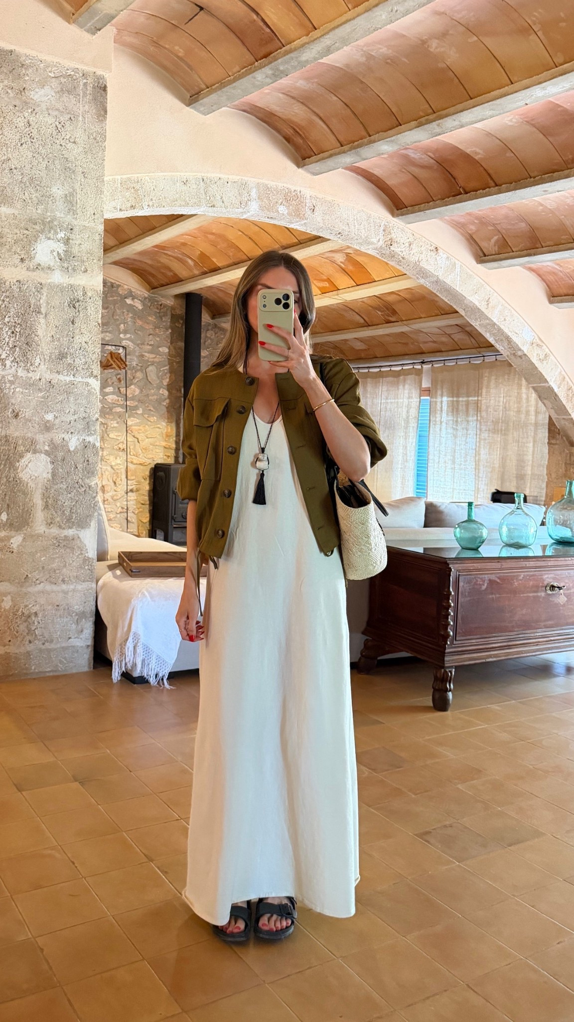 Mallorca holiday outfit 
Small in the Zara dress
Size 10 in the M&S jacket
M&S necklace
Loewe basket bag
Birkenstock sandals 