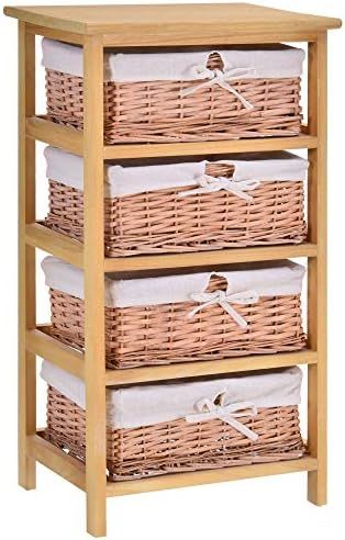 HOMCOM 4 Drawer Dresser Wicker Basket Storage Shelf Unit Wooden Frame Home Organisation Cabinet B... | Amazon (UK)