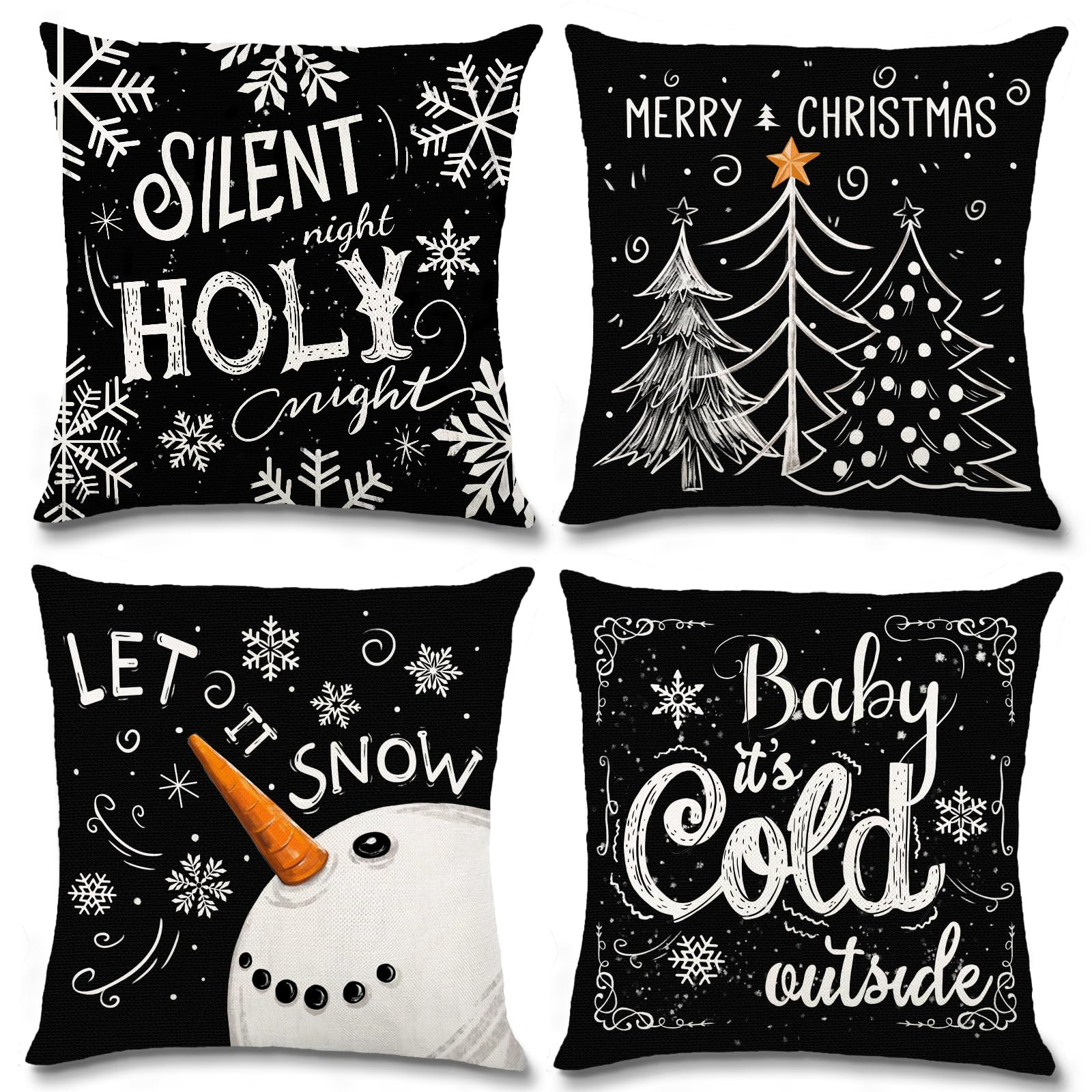 Christmas Pillow Covers - 18x18 inch Black Merry Christmas Snowflake Snowman Tree Decorations Thr... | Amazon (US)