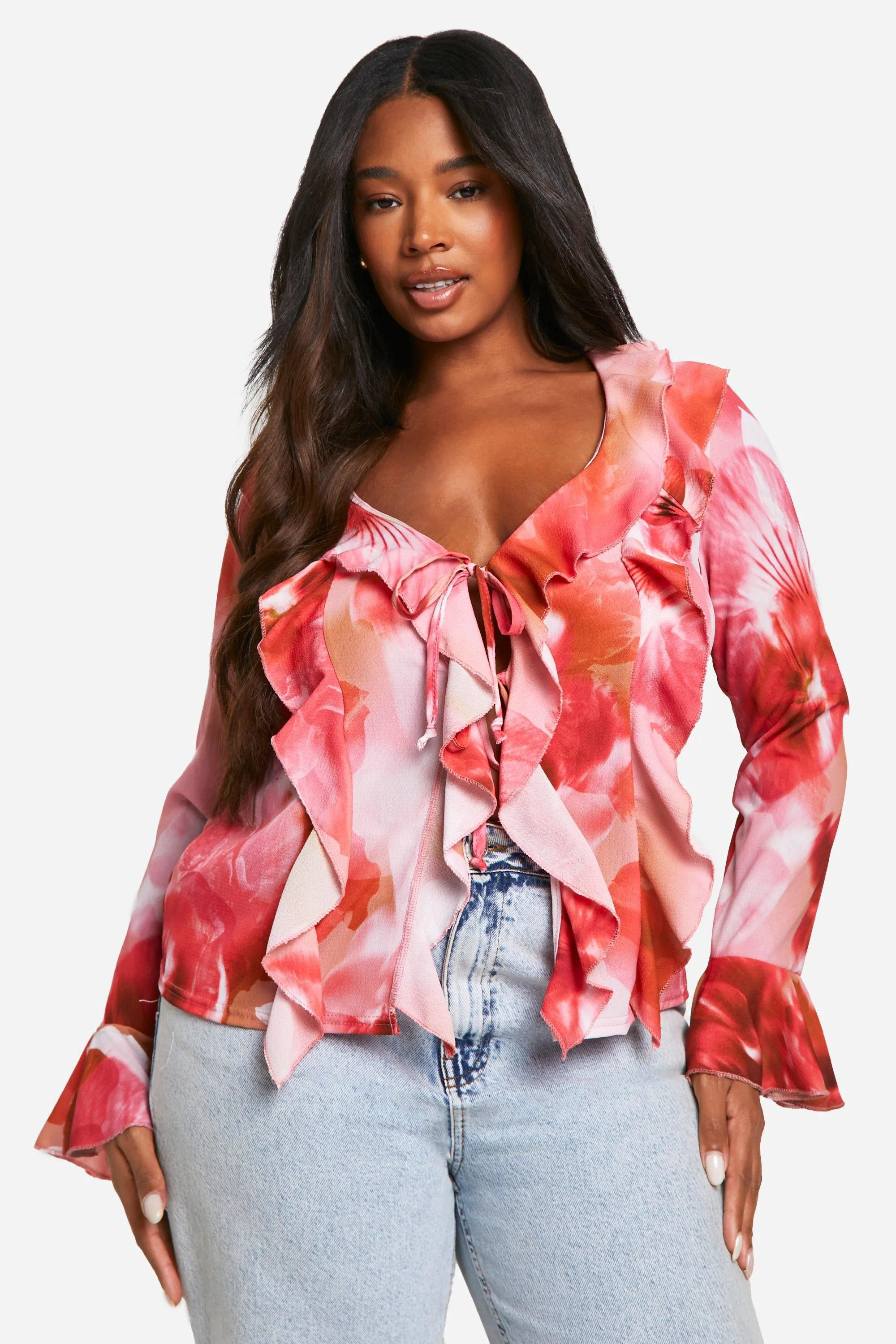 Womens Plus Floral Ruffle Front Blouse - Pink - 14 | boohoo (US & Canada)
