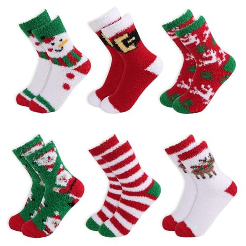 CCINEE 6 Pairs Fuzzy Christmas Socks, Fluffy Holiday Socks for Stocking Stuffers Non Slip Christmas Sleeping Socks for Women Kids Featival Gifts | Amazon (US)