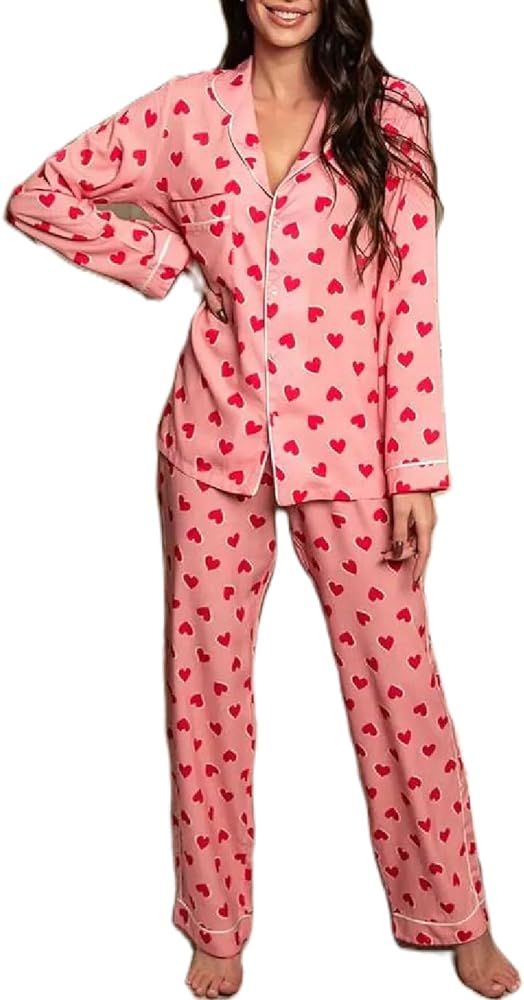 Amiblvowa Women Pajamas Set 2 Piece Pants Set Pjs Plaid Feather Trim Long Sleeve Button Shirt Top... | Amazon (US)