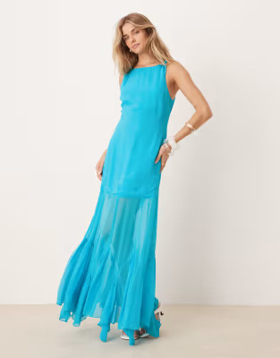 ASOS DESIGN dropped waist maxi dress with full godet hem in aqua blue | ASOS (Global)