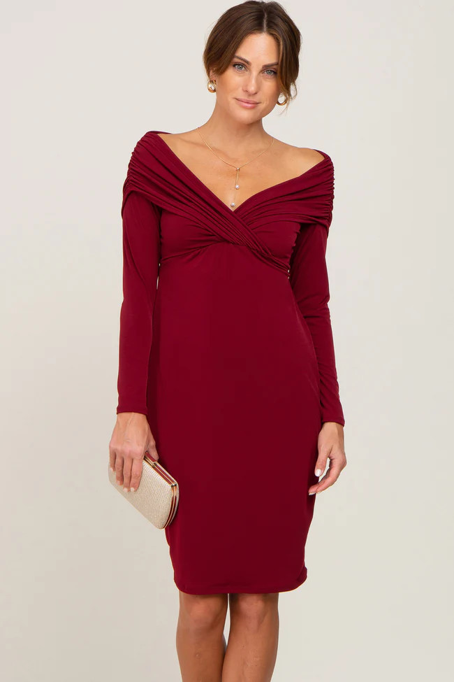 Burgundy Ruched Off Shoulder Long Sleeve Dress | PinkBlush Maternity