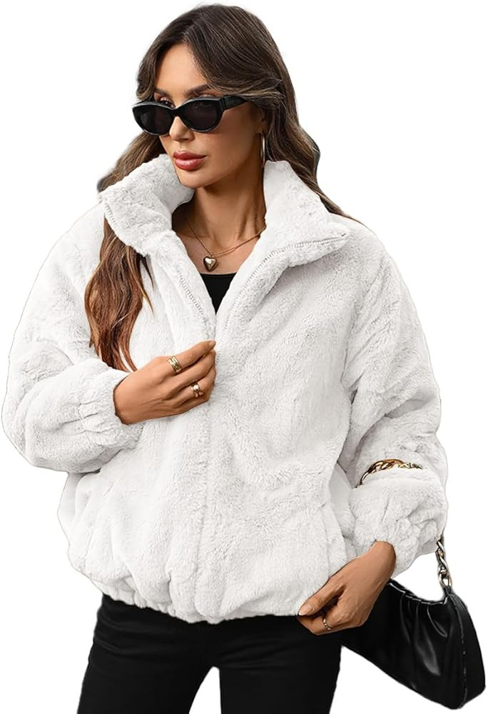Women's Faux Fur Lapel Fashion Short Fluffy Zip Up Jackets Fall Winter Cropped Warm Coat | Amazon (US)