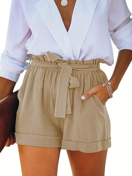 NIMIN Womens Cotton Linen High Waisted Paper Bag Shorts Lightweight Summer Beach Lounge Shorts wi... | Amazon (US)