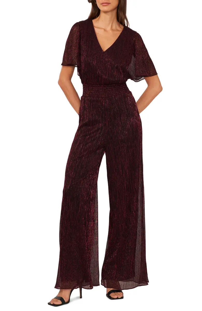 V-Neck Flutter Sleeve Wide Leg Plissé Jumpsuit | Nordstrom