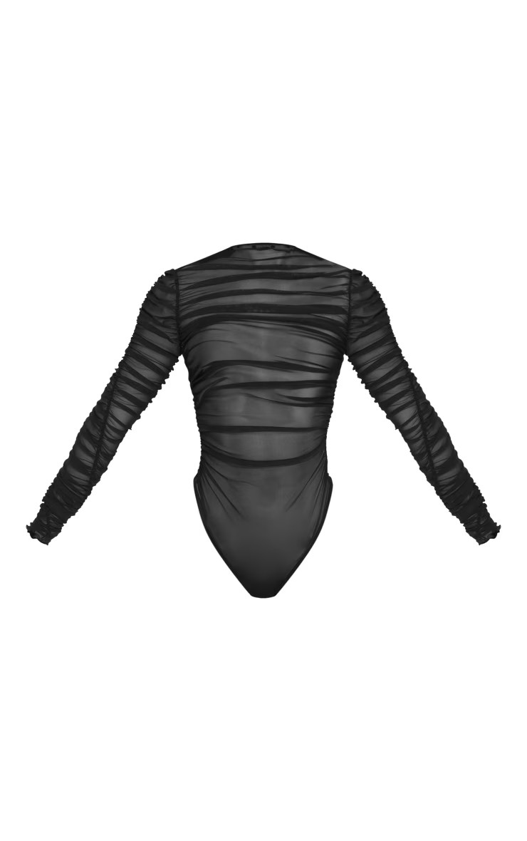 Black Mesh Ruched Long Sleeve Bodysuit | PrettyLittleThing UK