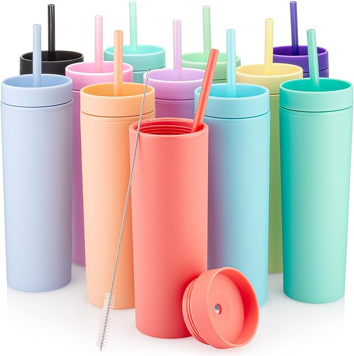 STRATA CUPS Multicolor Skinny Tumblers with Lids and Straws (12 pack) - 16oz Double Wall Acrylic ... | Amazon (US)