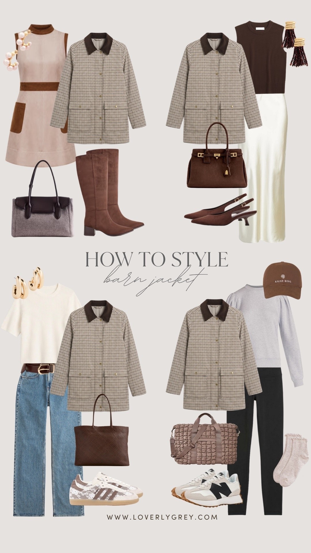 4 ways to style a barn jacket for fall 🤎 Sleek skirts & boots to easy denim and sneakers, this layer works with everything!

Loverly Grey, barn jacket, loft barn jacket outfit, how to style, fall outfit ideas, fall fashion, fall layering, plaid jacket, casual fall outfit, workwear outfit, satin skirt, straight leg jeans, leggings outfit