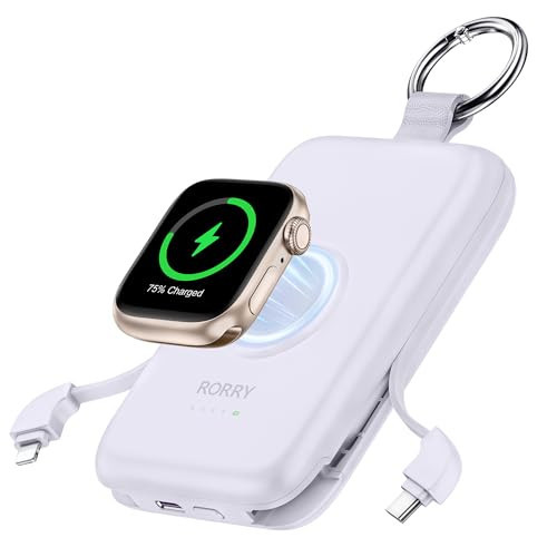 RORRY Portable Charger, 10000mAh PD 20W Fast Charging Portable Charger Power Bank with Built in Cables, Travel Battery Pack for iPhone 16/15/14/13/12 and Apple Watch Ultra/9/8/7/6/5/4/3/2, Purple | Amazon (US)