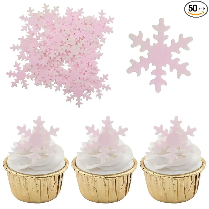 Gyufise 50Pcs Pink Edible Cupcake Cake Toppers Snowflake Cake Decorations for Christmas Winter Fr... | Amazon (US)