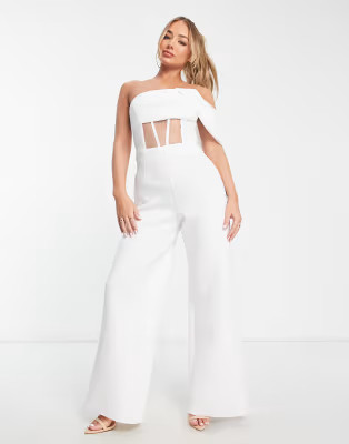 ASOS DESIGN scuba one shoulder corset detail jumpsuit in white | ASOS (Global)