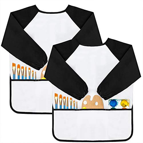 GODR7OY Kids Art Smocks, Painting Apron Artist Smock with Sleeve and 3 Pockets 2 Pack Black/White Set for Age 10-14 Years (Large) | Amazon (US)