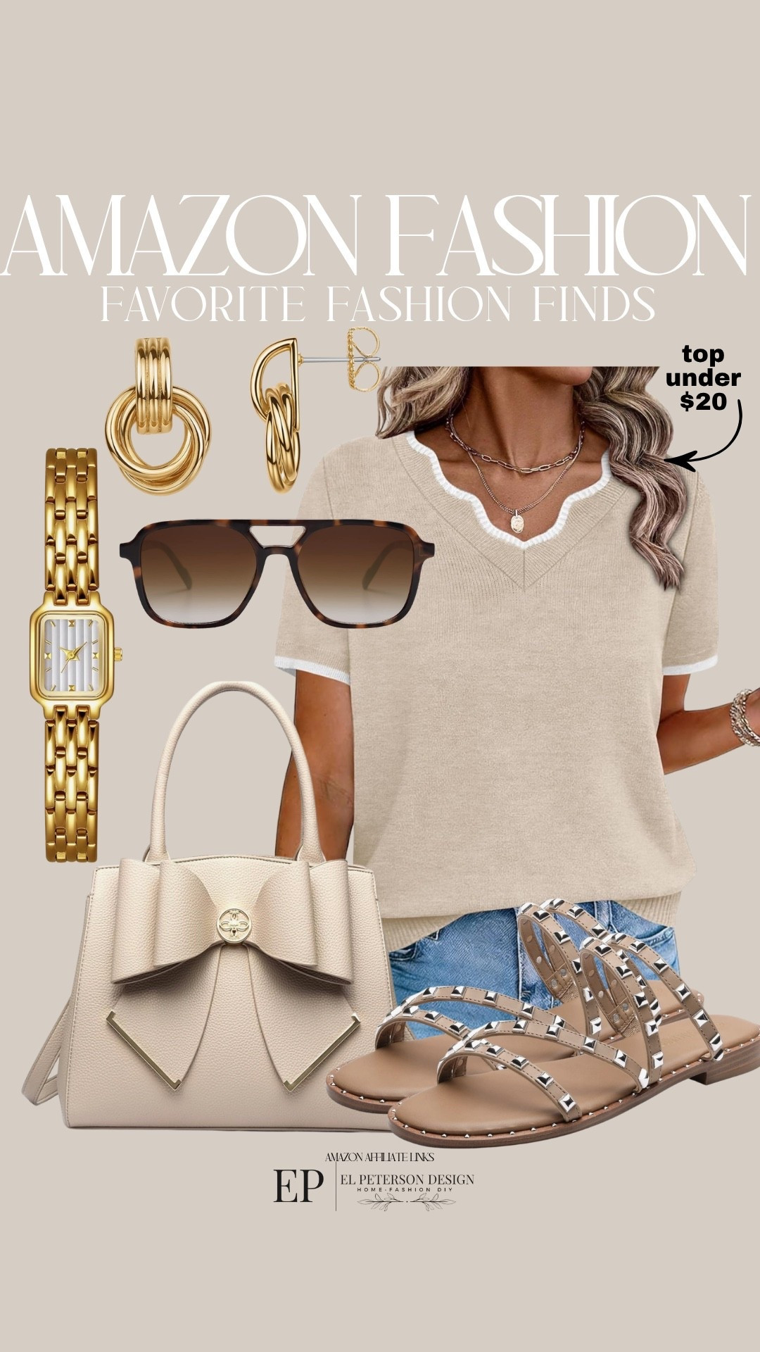 Amazon Fashion
Top
Sunglasses
Earrings
Purse
Watch 
Sandals 