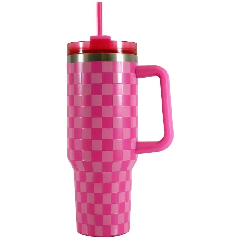 Mainstays 40 oz Stainless Steel Tumbler with Straw and Handle, Double Wall Insulated, Pink Check | Walmart (US)