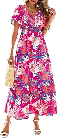 PRETTYGARDEN Women Floral Boho Maxi Dresses Summer Short Sleeve V Neck Smocked A Line Long Flowy ... | Walmart (US)