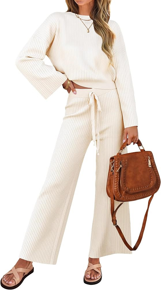 ZESICA Women's 2 Piece Outfits Set 2025 Casual Long Sleeve Knit Pullover Top and Wide Leg Pants S... | Amazon (US)