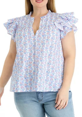 Crown & Ivy Women's Plus Size Flutter Sleeve Floral Printed Top | Belk