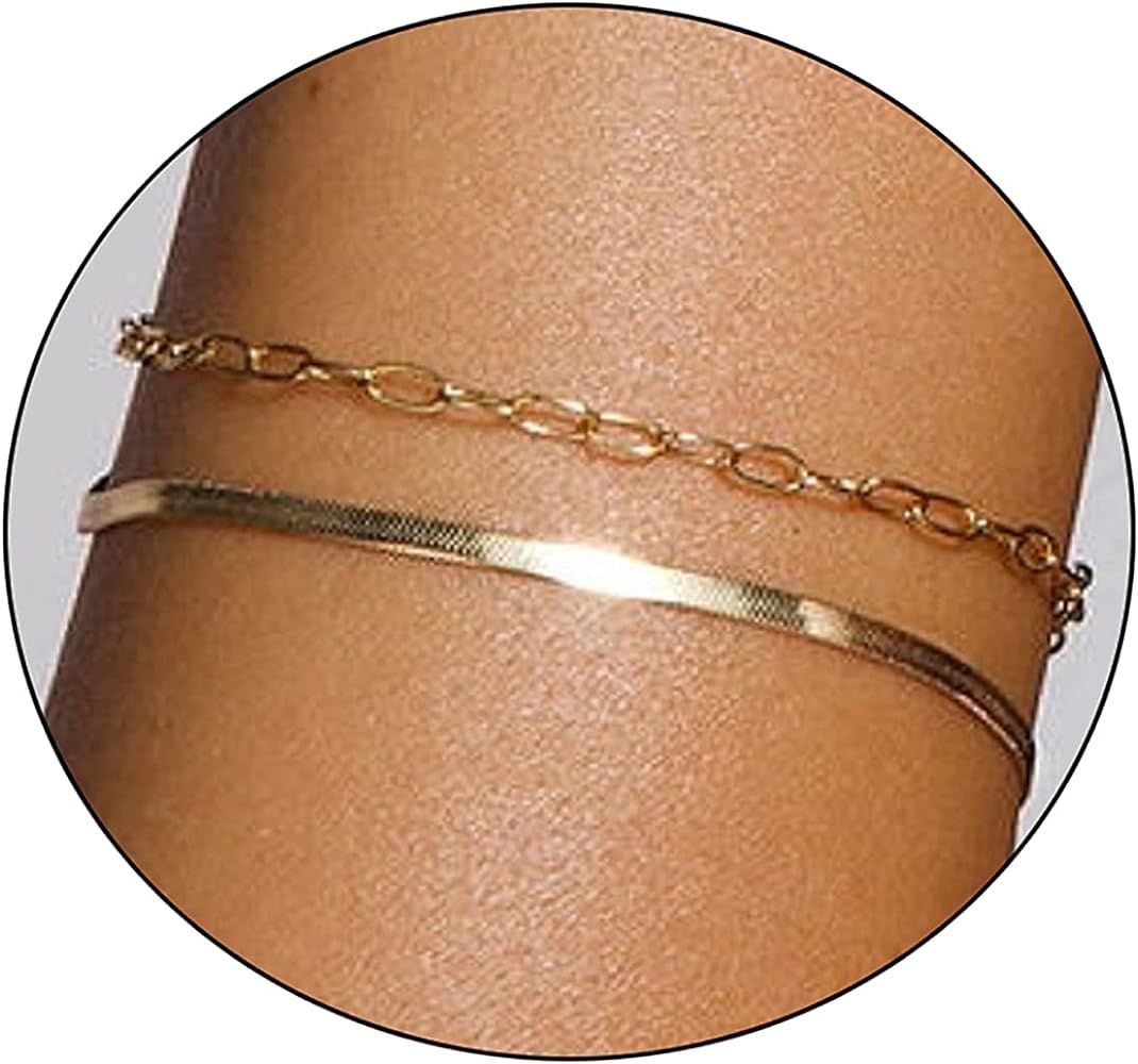 Pencros Gold Layered Bracelet,14K Gold Filled Dainty Herringbone Elegant Pearl Oval Chain Cute Be... | Amazon (US)