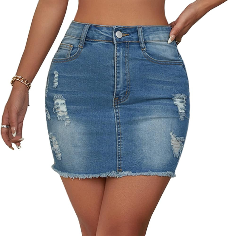 Jean Skirt for Women Stretch Casual High Waisted Denim Short Skirt Cute A Line Mini Pencil Skrit | Amazon (US)