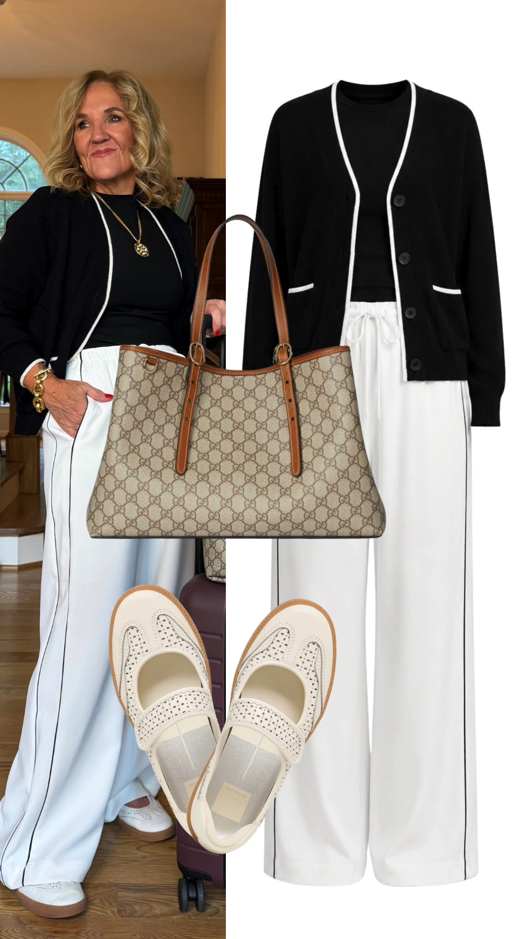 This black-and-white combination is classic, flattering, and easy to wear. A black cardigan over white wide-leg pants creates a polished look that works for travel, lunch, or everyday wear.

💡 LTK MADE EASY
❤️ Heart = Support my posts!
🔖 Save = Get sale & restock alerts
📋 Lists = Keep favorites organized
📲 Share = Send lists and products to a friend. Hello, Christmas List!
💬 Comment = Ask me anything about what I'm wearing.:-)

#LTKootd #LTKTravel #LTKOver40