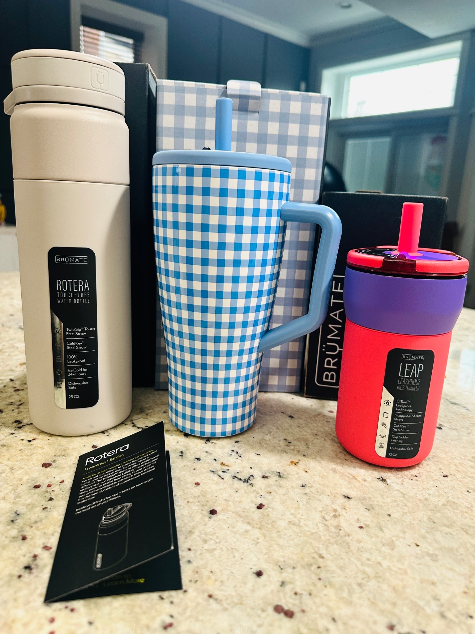 Brumate leakproof tumblers, Capri gingham is limited edition in 30oz, leap kids 12oz tumbler in color aurora, and rosters hydration series 25oz in color dune
Leakproof tumblers that have a twists up straw, stainless steel straw, and insulated bottle #jaclinnatale #travel#kids 


#LTKKids #LTKTravel #LTKFindsUnder50