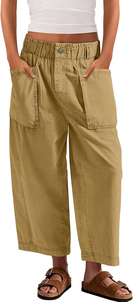 Yanekop Womens Wide Leg Capri Pants Barrel Casual Baggy Cropped Harem Pants | Amazon (US)