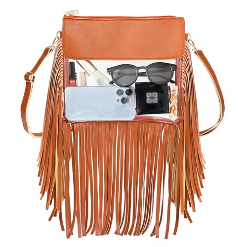 Faux Leather Fringe Clear Bag with Strap, Waterproof Transparent Tassels Western Purse Gifts for ladies Girls Team, Women's Crossbody Handbags with Zipper for Stadium Events Country Concerts Party | Amazon (US)