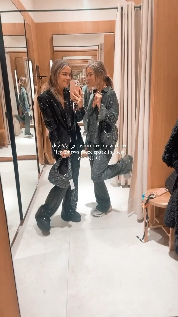 Day 6/31 get winter ready with us. Today we are wearing two piece sparkling sets of mango 🫶🏼🫶🏼✨✨ and please give the bag a moment 💼💼 #LTKGift #grwm #getreadywithus 

We love them so much.. and you can also wear the pieces separately will link all below 

Mango girls, mango Christmas outfits, mango holiday collection, sparkling blazer, sparkling top, sparkling two piece set, twinning, black outfits, Christmas daily outfits, sparkling pants, sparkling trousers, sparkling handbag, bag, Christmas bag, classy black bag 

#LTKGiftGuide #LTKVideo #LTKHoliday