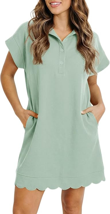 Fisoew Womens Casual T Shirt Mini Dress Athletic Collared V Neck Dresses | Short Sleeve, Button, ... | Amazon (US)