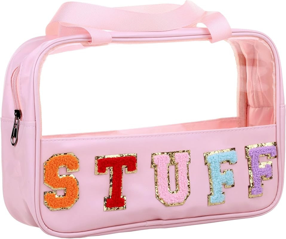 CRUOXIBB Chenille Letter Clear PVC And PU leather Large Travel Cosmetic Toiletry Storage Bag Wate... | Amazon (US)