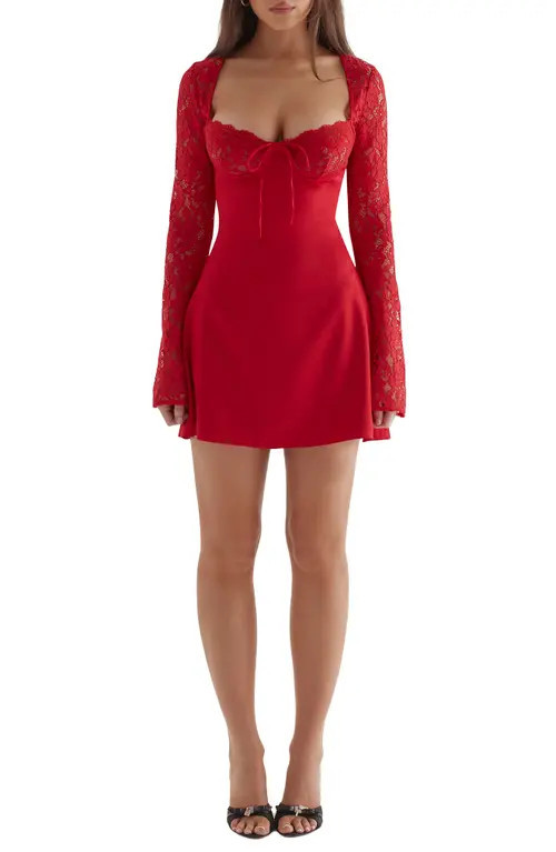 HOUSE OF CB Jennica Long Sleeve Satin & Lace Minidress in Red Rose at Nordstrom, Size X-Small A | Nordstrom