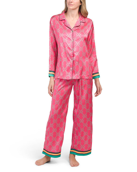 Satin Geo Print Notch Collar Pajama Set With Trim Detail | TJ Maxx