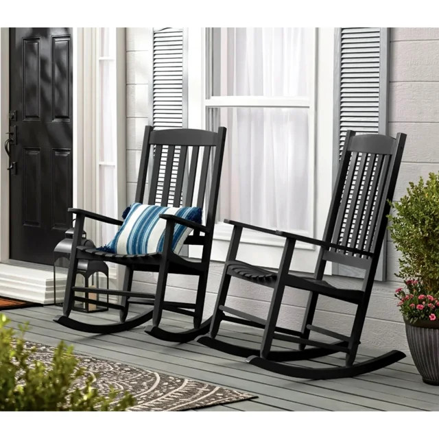 (2 pack) Mainstays Outdoor Wood Rocking Chair, Black - Walmart.com | Walmart (US)