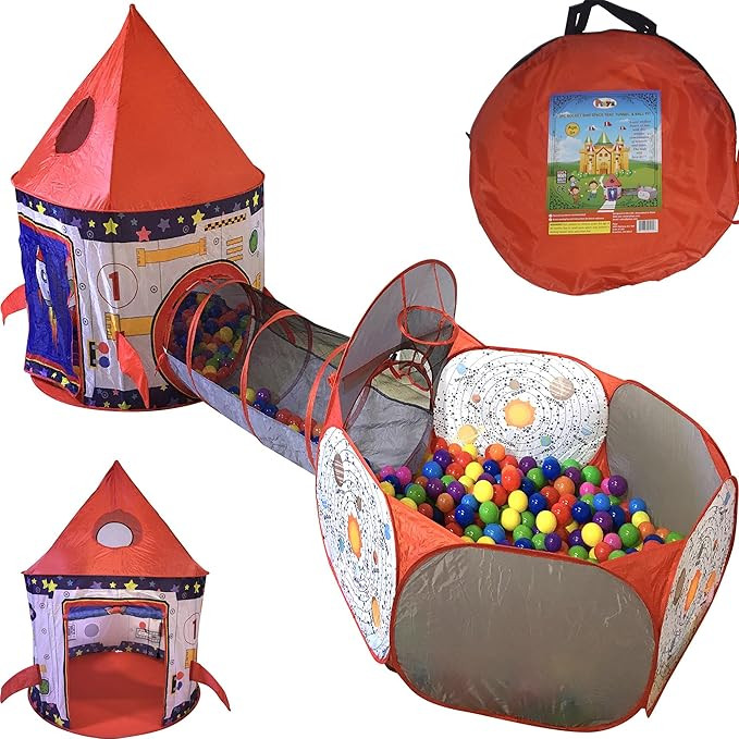Playz 3pc Rocket Ship Astronaut Kids Play Tent, Tunnel, & Ball Pit with Basketball Hoop Toys for ... | Amazon (US)