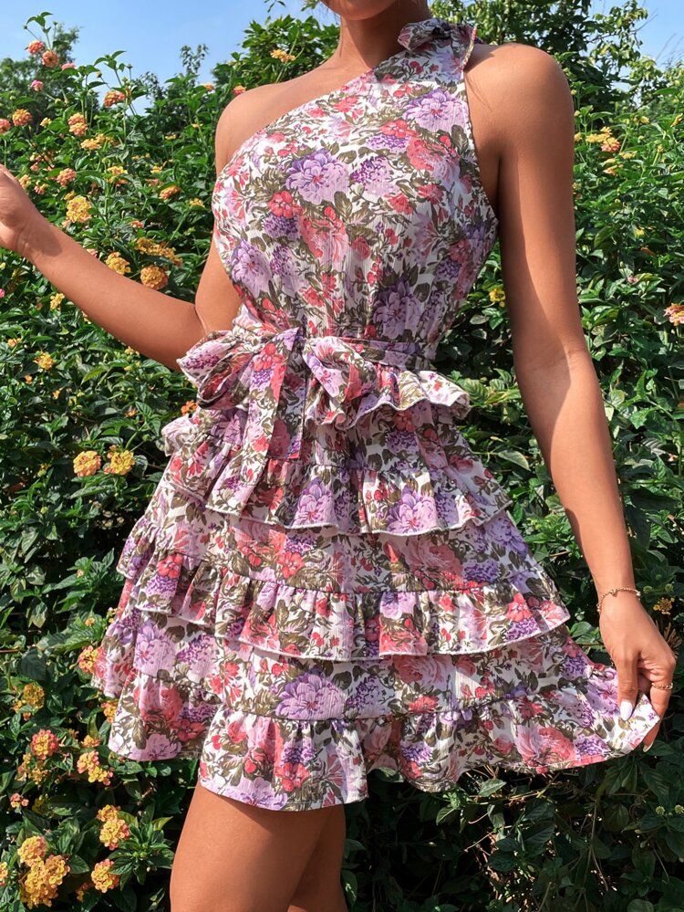 Random Floral Print One Shoulder Layered Hem Belted Dress | SHEIN