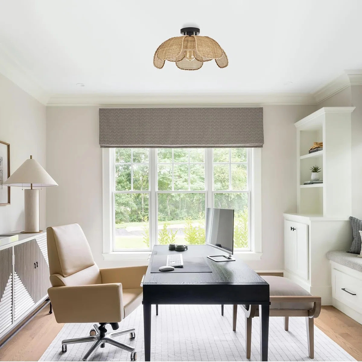 22" Natural Rattan Flush Mount Ceiling Light Fixture， Hemp Rope Wicker Hand-Woven Boho Chandeli... | Wayfair North America