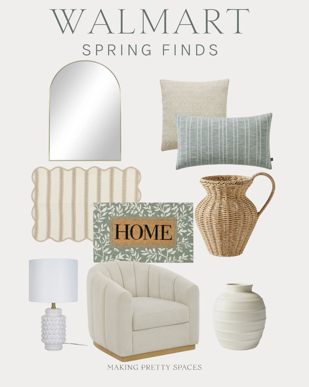 Shop these Walmart spring home finds! Door mat, vase, rattan decor, scalloped mat, swivel chair, lamp, pillows, mirror, decor, Walmart, home 

 #LTKHome #LTKSaleAlert #LTKStyleTip