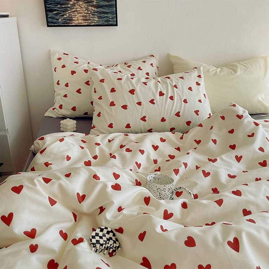 Nayoroom Heart Duvet Cover Queen Size Cute Red Love Heart Printed on White Bedding Set 3Pcs Kids ... | Amazon (US)