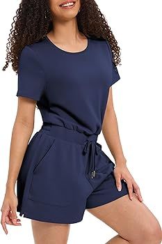Women's Summer Short Sleeve Romper 2024 Casual Loose Crewneck Short Jumpsuit One Piece Outfits wi... | Amazon (US)