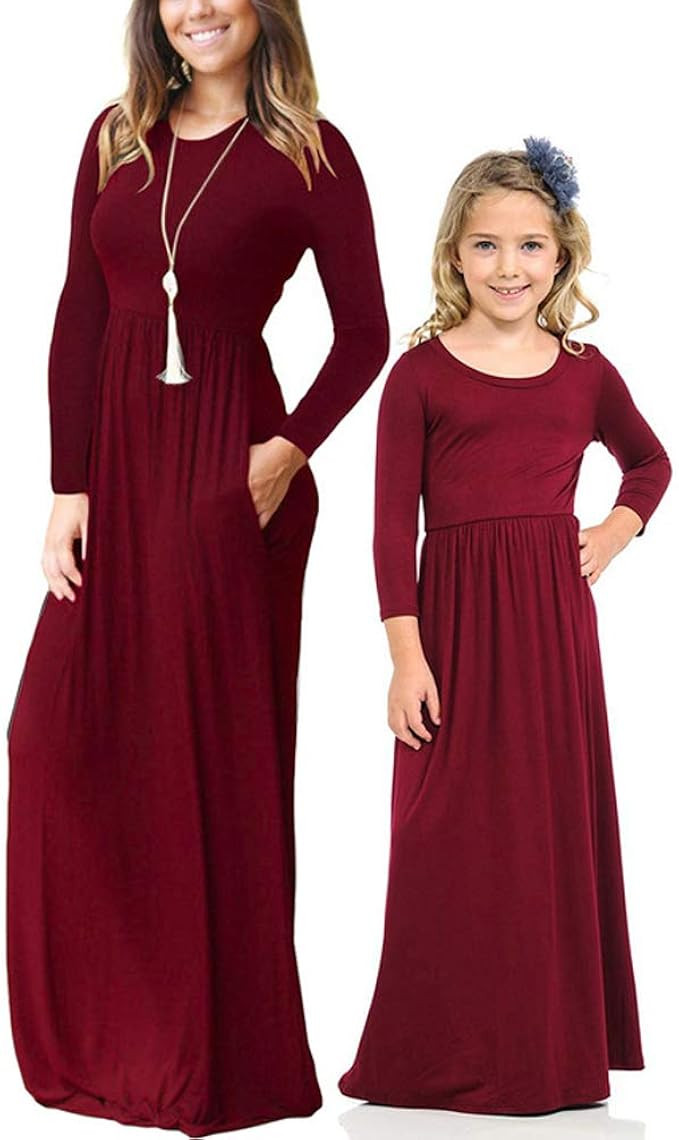 Qin.Orianna Mommy and Me Short Sleeve Loose Plain Family Matching Maxi Dresses with ... | Amazon (US)