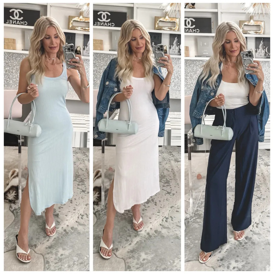 Three fabulous looks from Nordstrom Rack and honestly… the finds are SO good lately. 🙌✨ Look 1: This baby blue fitted mini dress is such a winner for summer. I love the color, the fit, and the fact that it’s comfortable, easy, and wrinkle-free. Paired it with this gorgeous baby blue East-West handbag that looks so designer but is under $100 👏 and these fabulous white Dolce Vita kitten heels that are the perfect summer staple. Look 2: This white ribbed tank midi dress is one of those effortless pieces you can throw on and instantly look put together. I topped it off with a denim jacket and absolutely love this chic casual vibe. Look 3: For a more casual everyday look, these navy blue trouser pants by Beyond Yoga are incredible. They have an elastic waist, pockets, and are wrinkle-free, which makes them perfect for travel too. Styled them with the same denim jacket and a simple white tank for an easy polished look. Seriously, Nordstrom Rack has so many amazing finds right now. Linked everything for y’all! Everything runs true to size — I’m wearing an XS in both dresses, the pants, and the denim jacket. 💙 #RackScore 

 

#LTKdayinmylife #LTKootd #LTKgrwm