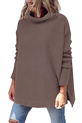LILLUSORY Women's Mock Casual Oversized Fall Sweater Long Batwing Sleeve Ribbed Work Tops Cow Neck Pullover Winter Fashion Nutmeg M | Amazon (US)