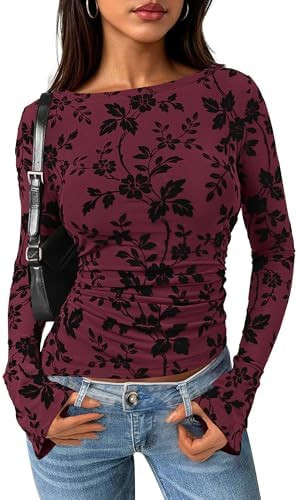 PRETTYGARDEN Women Long Sleeve Floral Mesh Tops Blouse 2025 Fall Trendy Boat Neck Ruched Fitted S... | Amazon (US)