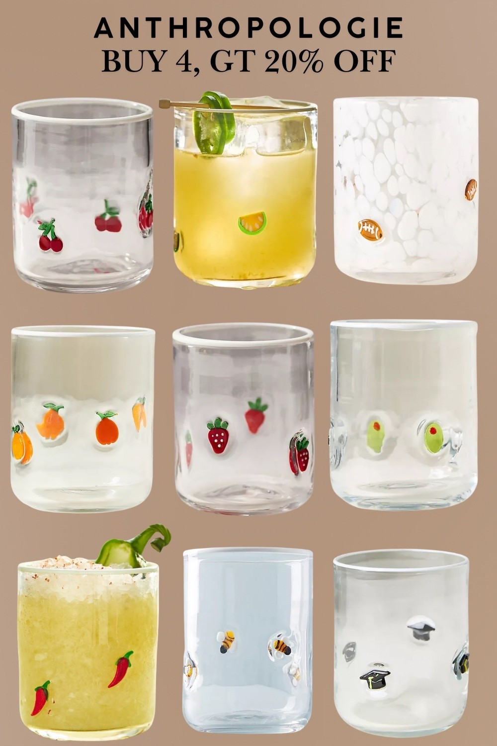 The cutest glasses on the internet are at Anthropologie and they're Buy 4, get 20% off RIGHT NOW!! 🍓🍊🫒 

I have been seeing these ALL over my feed and honestly the hype is 100% deserved. These are the glasses that make everyone at your dinner party say "oh my gosh where did you get those?!" — and now you can build a whole collection for less!


Here's every style in this collage:
🍒 Cherry print glass
🌶️ Jalapeño cocktail glass
⚪ White dot glass with football charm
🍊 Orange fruit glass
🍓 Strawberry glass
🫒 Olive martini glass
🌶️ Chili pepper margarita glass
🐝 Bee glass (pale blue)
🎓 Graduation cap glass


The olive martini glass and the chili pepper margarita glass are calling my name for a girls night situation. And the graduation cap glass?? HELLO perfect graduation gift — buy 4 and give as a set! These also make the most thoughtful hostess gift, housewarming gift, birthday gift — honestly any occasion. 

The fact that you get 20% off when you buy 4 makes it SO easy to mix and match and build the most fun, eclectic set.

Everything is linked below — tap to shop and tell me which ones you're grabbing!! 🛒👇










#anthropologie #anthropologiehome #anthropologiefinds #anthropologieglasses #iconglasses #drinkware #glassware #cocktailglasses #barCart #barcartdecor #entertaining #summerentertaining #tablescape #tablesetting #hostessgift #housewarminggift #graduationgift #giftsforher #giftideas #giftsunder50 #funglasses #quirkyhomedecor #whimsicalhome #aesthetichome #kitchendecor #diningdecor #summerhomedecor #margarita #cocktailnight #girlsnight #girlsnightout #buy4save20 #salealert #dealalert #anthropologiesale #homesale #drinkwarecollection #summervibes #summerparty #partydecor #LTKGiftGuide #LTKFindsUnder50

#LTKSaleAlert #LTKHome #LTKmorningroutine