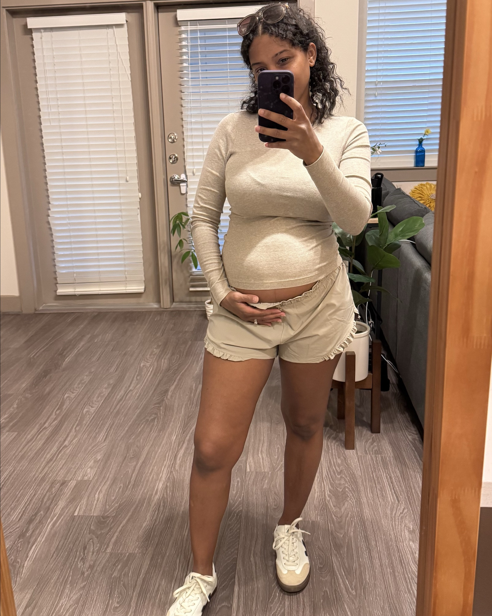 Casual outfit 
Bump friendly 🤰 outfit
Aerie ruffle athletic shorts wearing a medium 
Veja sneakers 

#LTKActive #LTKBump #LTKootd