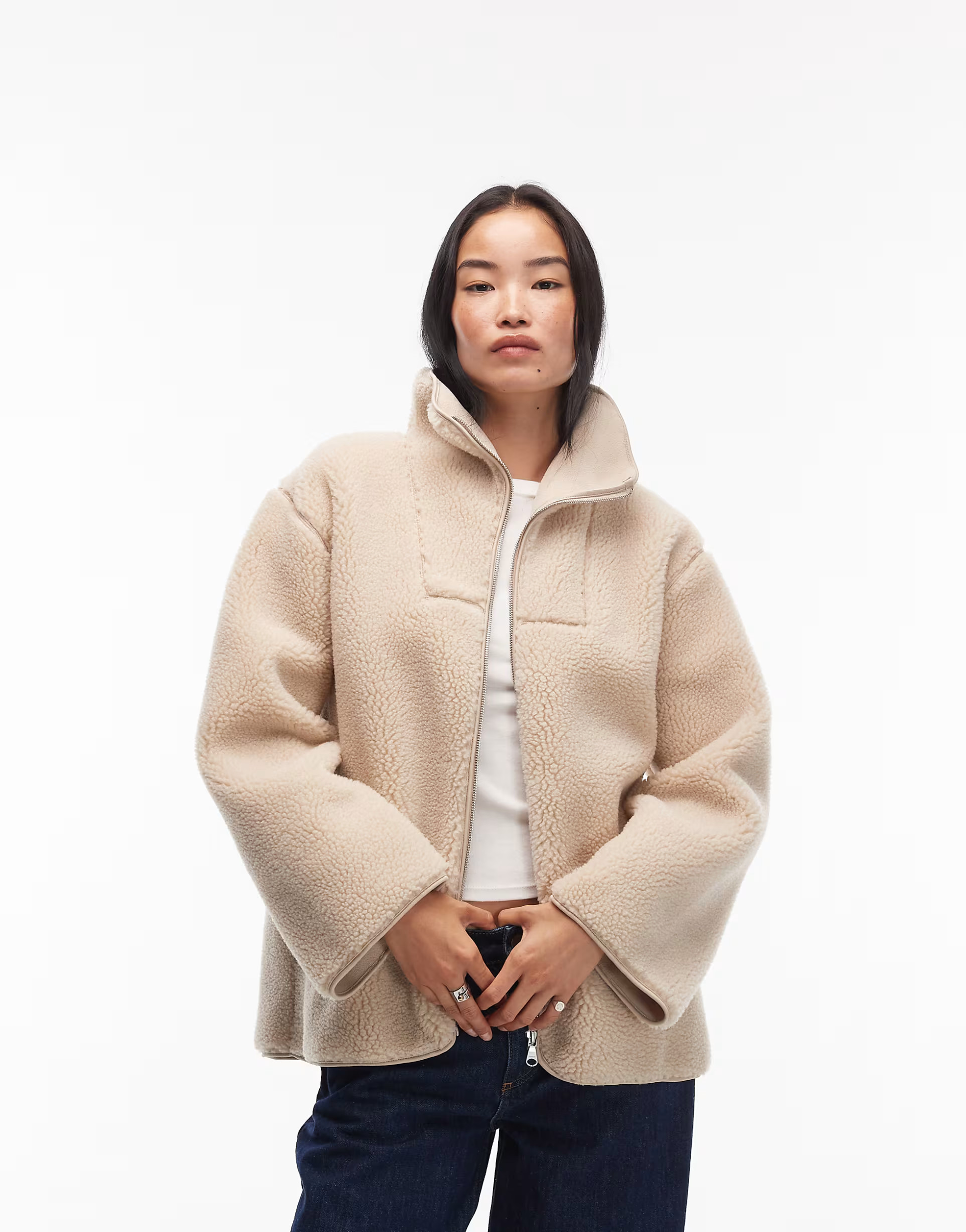 ARKET faux shearling fleece  oversized  jacket with funnel neck in light beige | ASOS (Global)